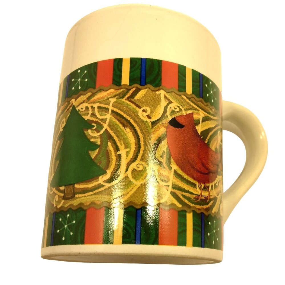 Royal Norfolk Christmas Coffee Cup Mug Joy Cardinal Abstract Design Holly Tree